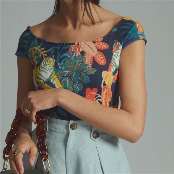 Anthro Maeve Tiger Jungle Print Top Off-Shoulder Knit Jungle Print - Picture 2 of 12